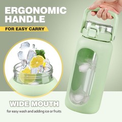 BLUEGO 64oz Glass Water Bottle with Handle and Straw, 64 Ounces, Light Green
