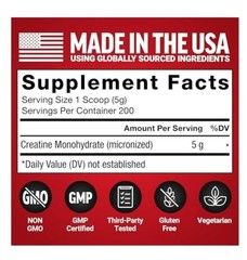 Force Factor Creatine Monohydrate Powder Micronized Unflavored 1kg 200 Serv 5g