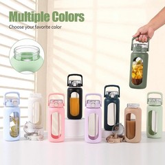 BLUEGO 64oz Glass Water Bottle with Handle and Straw, 64 Ounces, Light Green