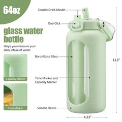 BLUEGO 64oz Glass Water Bottle with Handle and Straw, 64 Ounces, Light Green