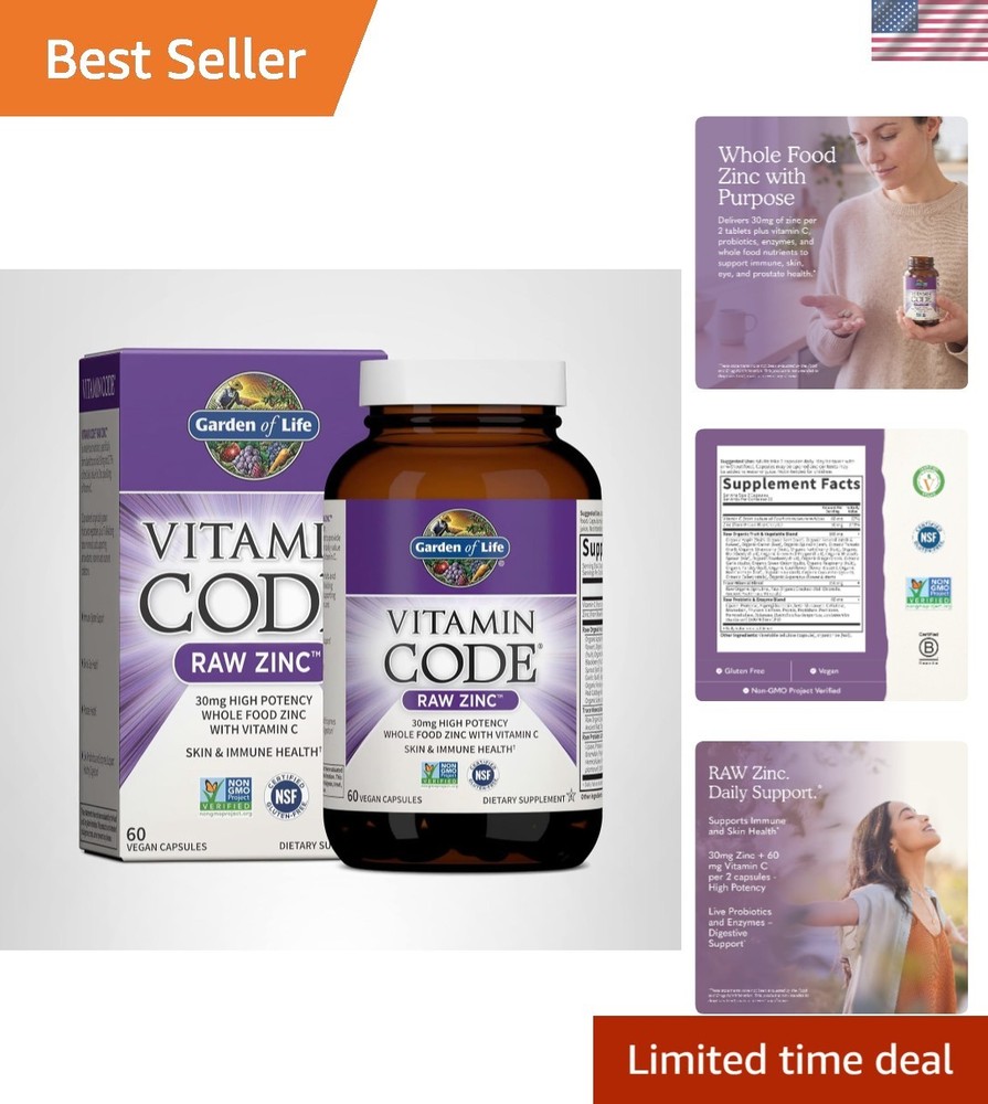 Whole Food Zinc Supplement 30mg & Vitamin C – 60 Capsules for Skin Health