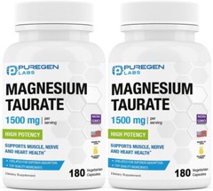 Puregen Labs Magnesium Taurate 1500mg per Serving High Potency 180 Caps 2 pk