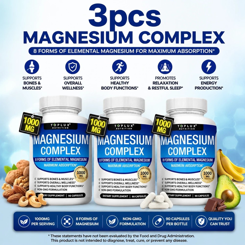 3PCS Magnesium Complex 1000mg 8-in-1 Supplement for Sleep, Calm & Cramp 90ct