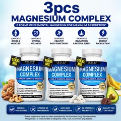 3PCS Magnesium Complex 1000mg 8-in-1 Supplement for Sleep, Calm & Cramp 90ct
