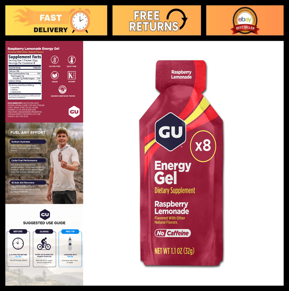 Vegan Energy Gel Pack – 8-Count, Gluten-Free, Dairy-Free, Raspberry Lemonade, On