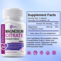 ZHPHK Magnesium Citrate 180 Capsules, 400mg, 30 Servings – Gluten Free