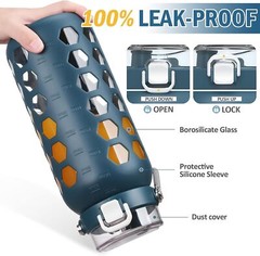 MUKOKO 64oz Glass Water Bottles with Straw and Lid,Half 64 Ounces, Blue