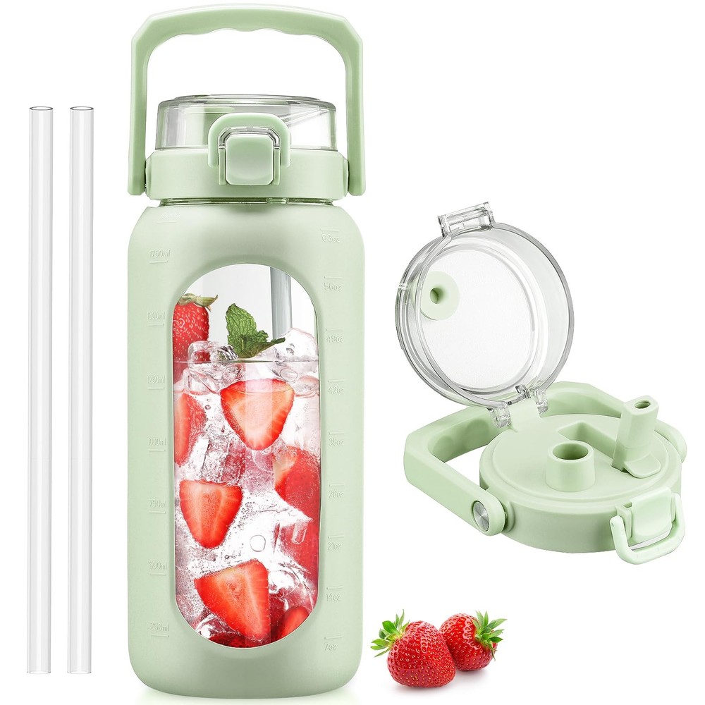 BLUEGO 64oz Glass Water Bottle with Handle and Straw, 64 Ounces, Light Green