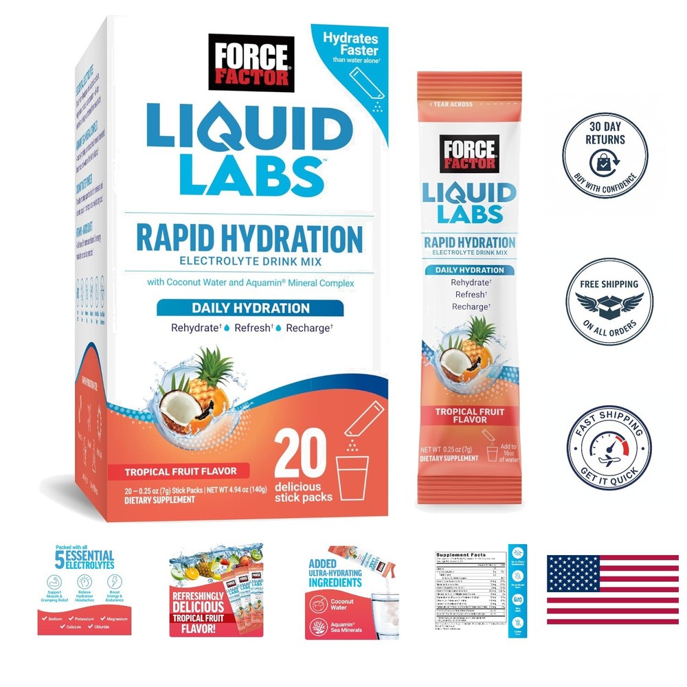 Liquid Labs Electrolytes – Low Sugar Tropical Fruit Hydration Packets, 20 Sticks