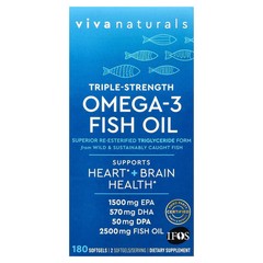 2 X Viva Naturals, Omega-3 Fish Oil, Triple-Strength, 180 Softgels (1,250 mg pe