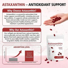 Astaxanthin 12mg Softgels 180 Count Natural Antioxidant Supplement 6 Month