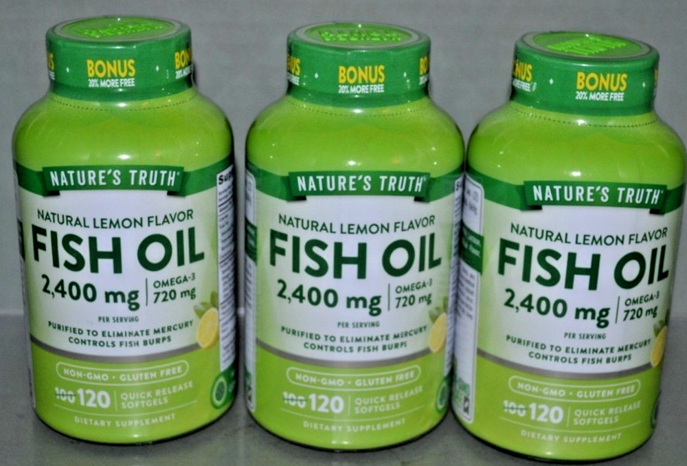 3 Pack Fish Oil 2400mg Omega 3 360 Softgel (3×120) Natural LEMON Flavor Purified