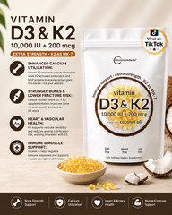 Vitamin D3 10000 iu Plus K2 (MK-7) 200 mcg, 300 Virgin Coconut Oil Softgels NEW