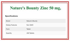 Zinc, NATURE’S BOUNTY ZINC 50mg 400 ct Tablets Supports ~ Immune Health