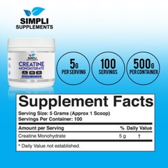 Simpli Supplements Pure Creatine Monohydrate (Micronized) – 500 Grams – 5g Servi
