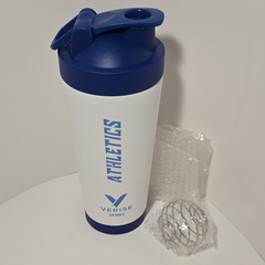 Verise Sport 20 oz Stainless Steel Shaker Bottle w/ Mixing Ball, White/Blue