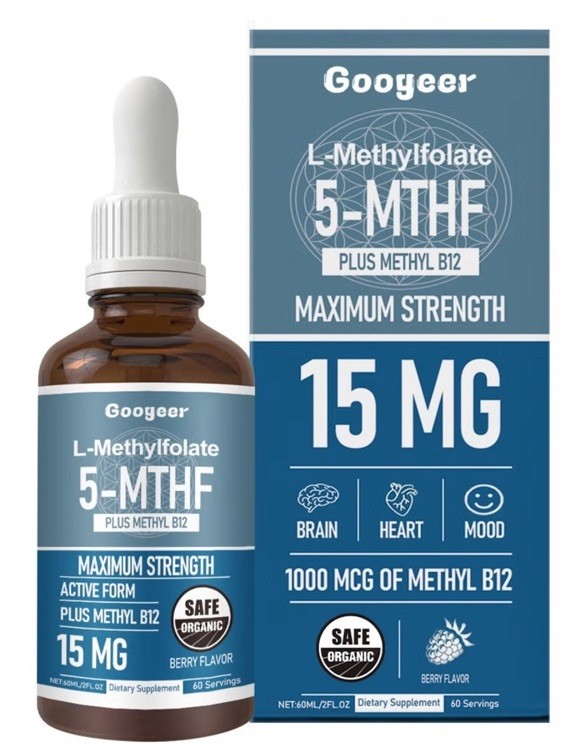 Organic L-Methylfolate 5-MTHF 15mg Vitamin 1000mcg B12 Berry Googeer Ex: 7/2028