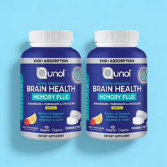 Lot of 2 Bundle, Qunol Brain Health Memory Plus Chewable Tablet, 60 tabs/bottle