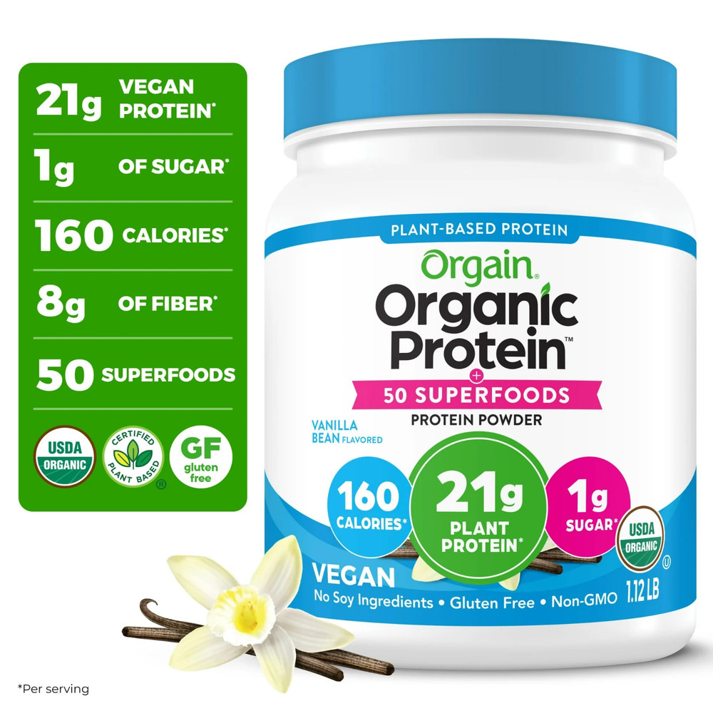 Orgain Organic Vegan Protein + 50 Superfoods Powder, Vanilla Bean – 21g