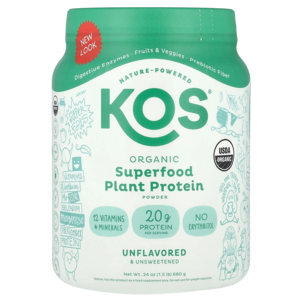 2 X KOS, Organic Superfood Plant Protein Powder, Unflavored & Unsweetened, 1.5