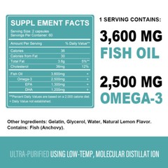 2500mg Omega 3 Fish Oil Capsules Triple Strength EPA&DHA, Burp-Less 120 Capsules