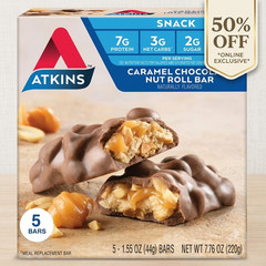 Atkins Snack, Protein Snack Bar, Caramel Chocolate Nut Roll Bars, 5 Count