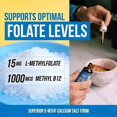 60 Servings Organic L-Methylfolate 15mg + B12 1000mcg Liquid Drops – Gluten Free