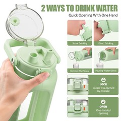 BLUEGO 64oz Glass Water Bottle with Handle and Straw, 64 Ounces, Light Green