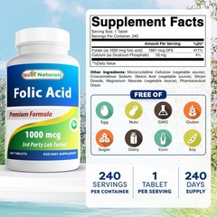 Best Naturals Folic Acid 1000 mcg (Vitamin B9), 240 240 Count (Pack of 1)