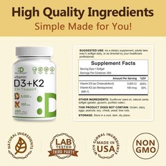 Vitamin D3 5000 IU with K2 MK7 250 Veggie Softgels Bone Immune Support