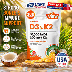 VEV Vitamin D3 Con K2 10000 IU, 300 kinds of virgin coconut oil softgels, 2-in-1