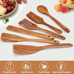 6 Pcs Best Flat Wood Spatula Set Teak Wooden Spoon for Cooking Utensils Slott…