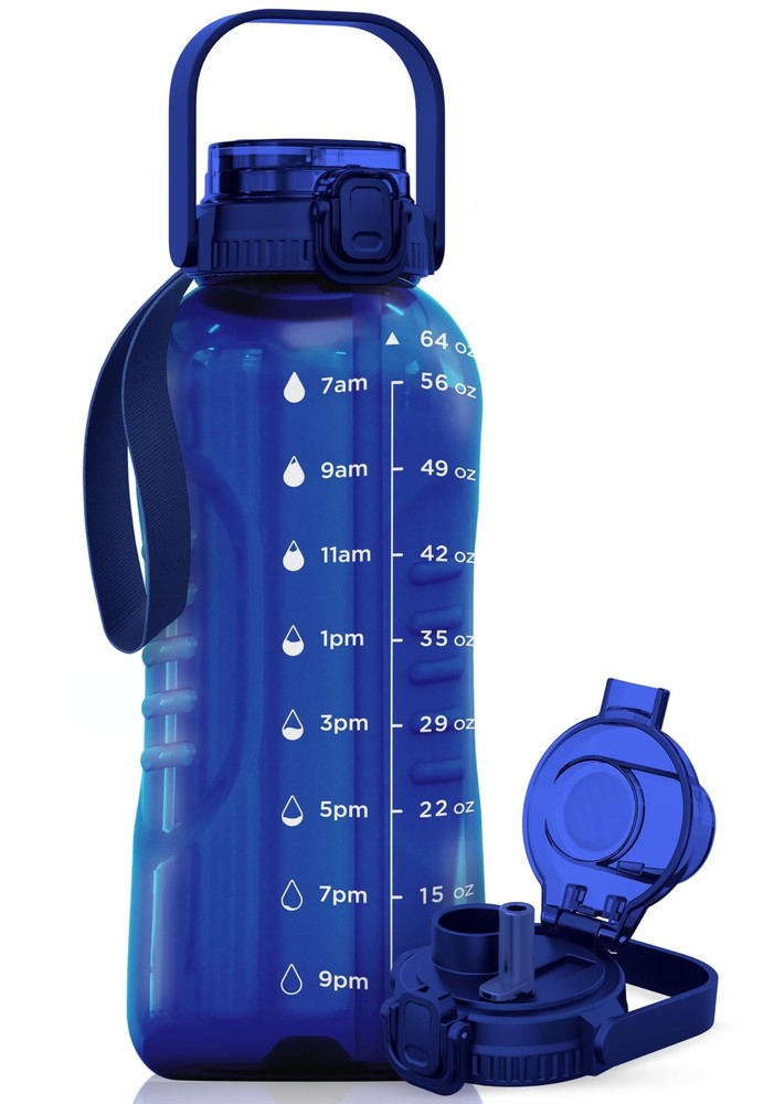 AQUAFIT 64 oz Water Bottle with Time Marker – 2in1 Straw & 64 Ounces, Blue
