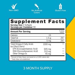 Lemon Flavor Omega-3 Fish Oil Softgels, 1000mg Heart Health Support, 180 Count
