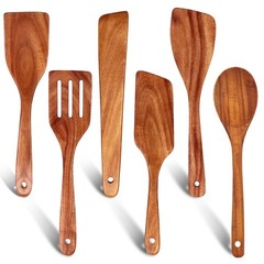 6 Pcs Best Flat Wood Spatula Set Teak Wooden Spoon for Cooking Utensils Slott…
