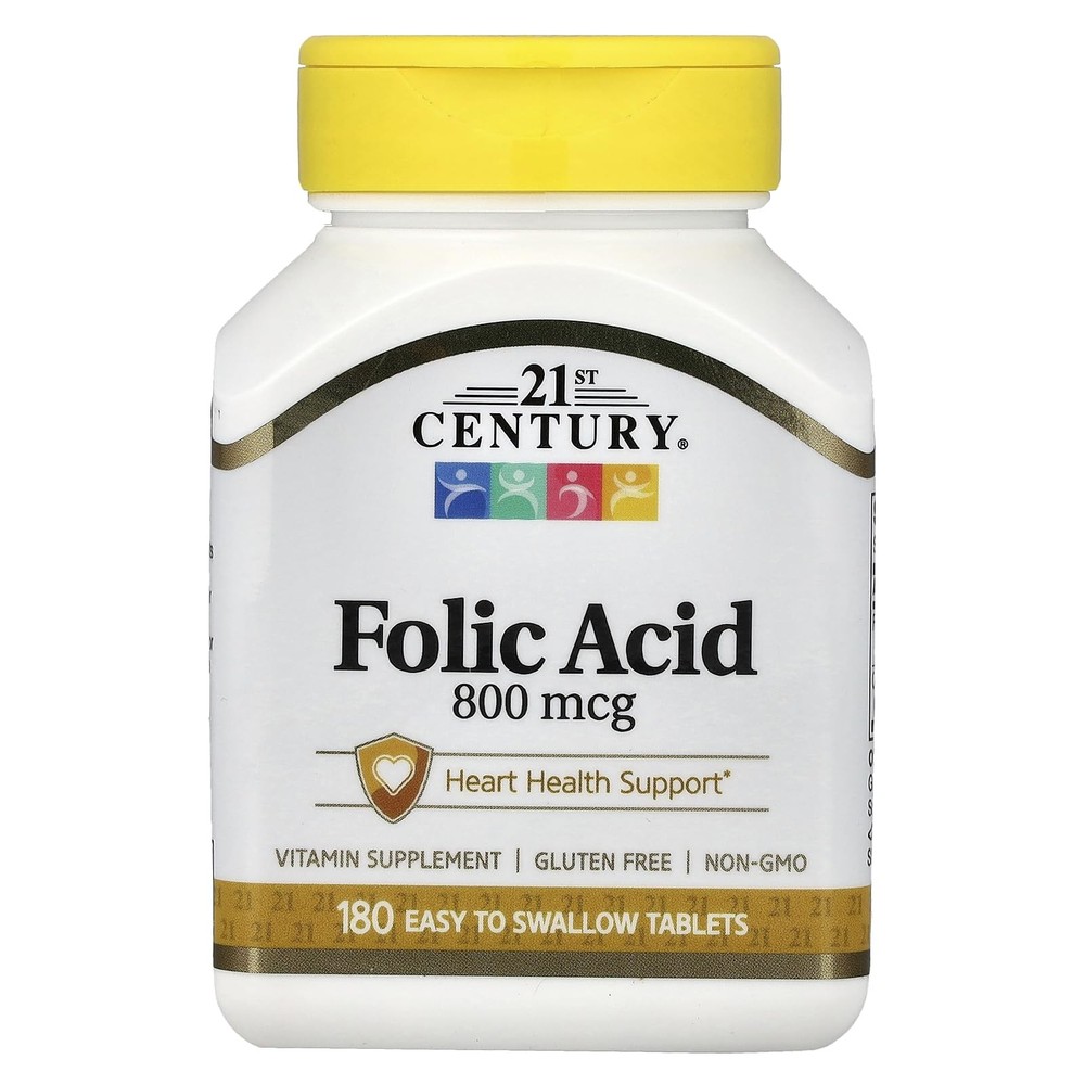 21st Century 800 mcg Folic Acid Tablets, 180 Count (Pack of 1), Assorted