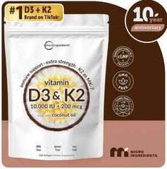 Vitamin D3 10000 iu Plus K2 (MK-7) 200 mcg, 300 Virgin Coconut Oil Softgels