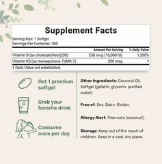 Vitamin D3 10000 iu Plus K2 (MK-7) 200 mcg, 300 Virgin Coconut Oil Softgels