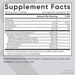 Antarctic Krill Oil Omega 3 500mg w/ Phospholipids Choline & Astaxanthin 120 ct