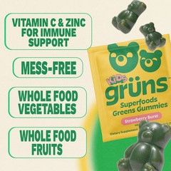 Grüns Kids Superfood Greens Gummies, Made with 60 Organic Ingredients, 20+ Vitam