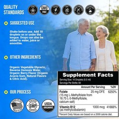 60 Servings Organic L-Methylfolate 15mg + B12 1000mcg Liquid Drops – Gluten Free