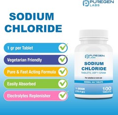 Puregen Labs Sodium Chloride Tablets 1 gm (1000 mg), USP | (15.4gr.) | 100 Count