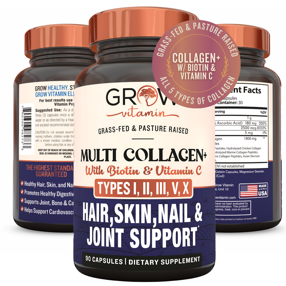 Grow Beyond Collagen Multi Collagen Capsules Types I II III V and X, with Biotin
