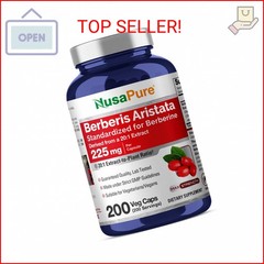 NusaPure Berberine HCI Capsules, 225 mg, 200 Veg Capsules (Non-GMO, Vegan)
