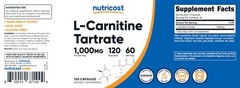 Nutricost L-Carnitine Tartrate 1000mg, 120 120 Count (Pack of 1), Multicolor