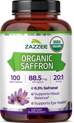 Zazzee USDA Organic Saffron 20:1 Extract, 88.5 mg, 0.3% Safranal, 100 Vegan Caps