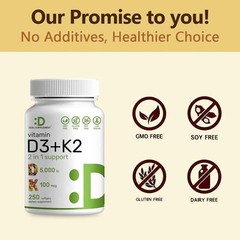 Vitamin D3 5000 IU with K2 MK7 250 Veggie Softgels Bone Immune Support