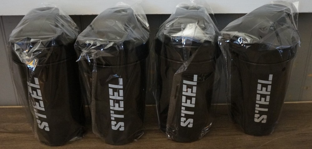 New! Lot of Four (4) Black 12oz STEEL Brand Plastic Supplement Gym Shaker Bottle