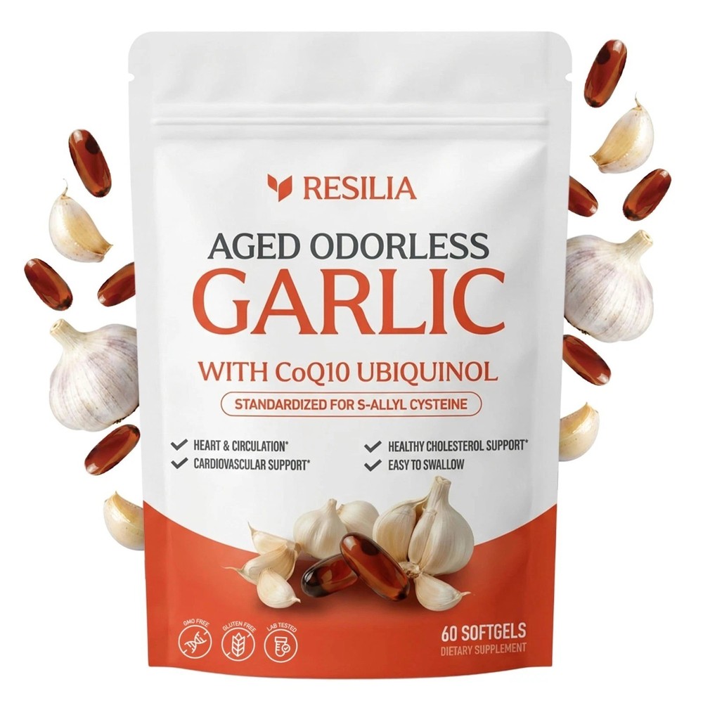 Resilia Garlic Extract 1200mg Softgels (60 Count) – Odorless Aged Garlic Extra..