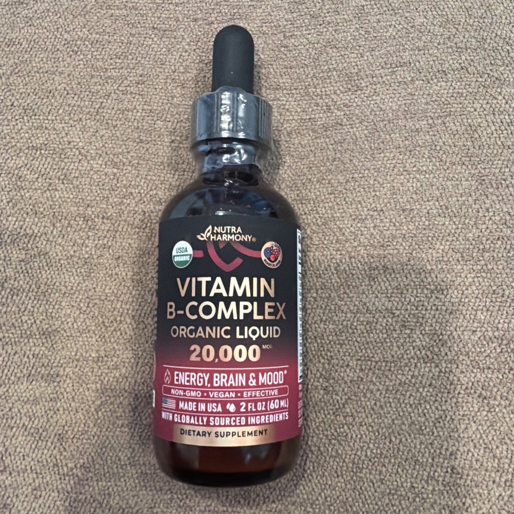 Nutra Harmony Organic B-Complex Liquid Drops 8-in-1 with B12 2 fl oz New Sealed